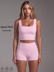 Women's Casual Backless Removable Padding Sport 2-Piece Set,U-Shaped Neck Solid Color Tank Tops,Skinny Basic High Waist Legging Shorts,For Yoga,Daily - Pink - View 3
