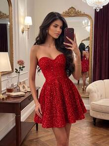 Women Red Sequin Dress Strapless Sweetheart Neck Mini Cocktail Dress Elegant Ruched Waist Party Outfit Wedding Guest Evening Formal Dress - Red - View 2