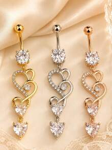 1 Pc Heart Dangling Belly Button Ring Sparkling Rhinestone Navel Piercing Jewelry For Women - Heart-shaped - View 2