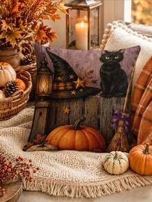 Halloween Table Runner, Throw Pillow, Placemat, Witch Hat Black Cat Vintage Purple Long Table Runner, Pumpkin Lantern Broom Star Moon Pattern, Kitchen Dining Table Halloween Party Decoration - Multicolor - View 5