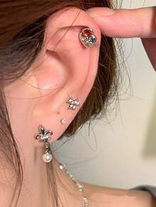 1pc Vintage Iris Flower Cartilage Ear Stud With Zirconia And Pearl Dangle Screw Back Piercing Earring For Women - Silver - View 5