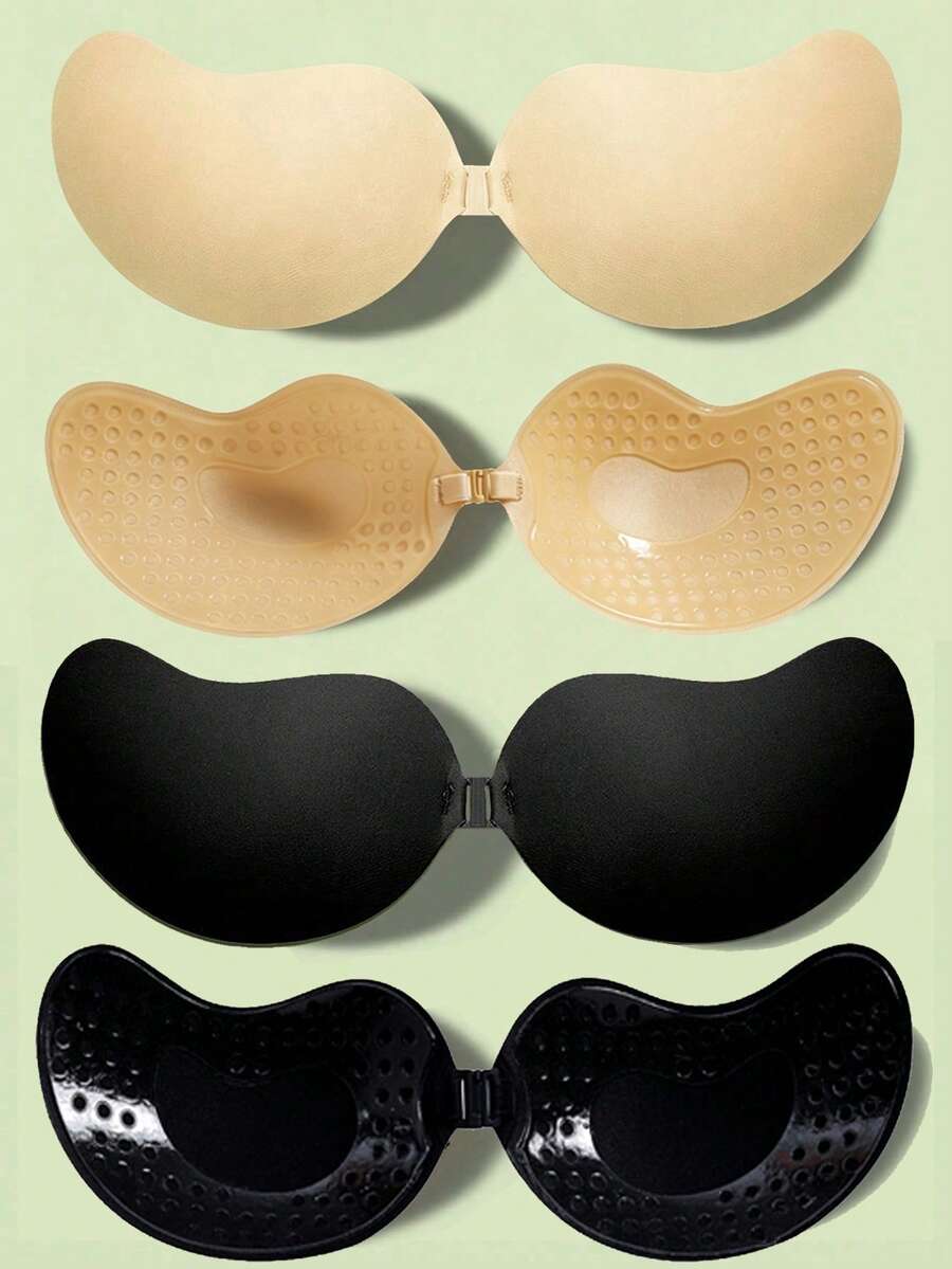 2/1入 女款可重複使用矽膠貼胸胸罩，隱形露背無肩帶乳貼胸墊，膚色與黑色，適合婚禮內衣