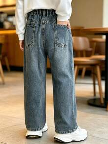Love Baby 8-11Years Tween Boy Vintage Style Light Wash Wide Leg Jeans, New Sand-Washed Distressed Wash Process, Elastic Waistband, Adjustable Fit, No Zipper Design, Loose Fit Wide Leg Classic Versatile Denim Pants, Suitable For All Seasons - Light Wash - View 3