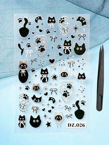 Black & Silver Cat Themed Face Decoration Stickers With Tweezers, Diverse Silhouette Pattern Decals, Clean Lines With Textured Finish, Suitable For Party Makeup, Stage Face Decoration, Music Festival And Other Face Decor - Multicolor - View 7