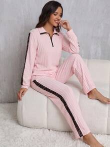 Women's Spring Autumn Winter Pajama Set, Contrast Color Ribbed Knit Fashion Lace Trim Minimalist Half-Zip Lapel Pullover Long Sleeve Casual Pants Comfortable Loungewear 2-Piece Set - Pink - View 6