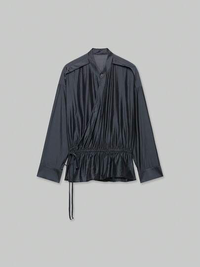 YROOE Women's Autumn/Winter Deep Blue Stand Collar Asymmetric Placket Side Cinched Waist Ruffle Hem Loose Long Sleeve Blouse