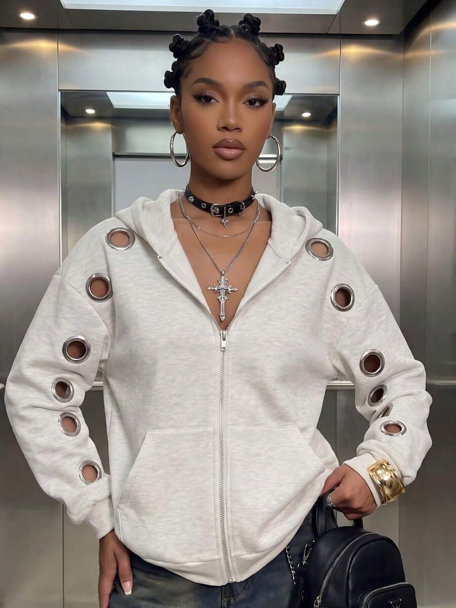 Women's Casual Fleece Metal Eyelet Loose Sweatshirt, Autumn/Winter Daily Wear, Winter/Autumn Clothing, Outdoor Outfit - White Flower Gray - View 1