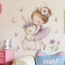 1pc 2D Rabbit Wall Sticker With Butterfly And Flower Surround, Soft And Sweet Self-Adhesive Decor - Multicolor - View 6
