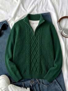 Boys' Preppy Solid Color Cable Knit Half-Zip Pullover Sweater, Suitable For School, Spring, Autumn, Winter - Green - View 2