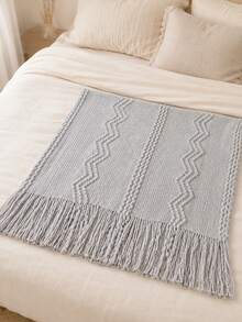 1PC Wavy Line Jacquard Knit Throw Blanket With Custom Embroidery, Customizable Text Detail Featuring Tassel Fringe Edge Trim, 3 Color Choices For Indoor Home Space, Home Accent Piece For Sofa Bed Living Area, Nice Holiday Gift Option For Family - Multicolor - View 10