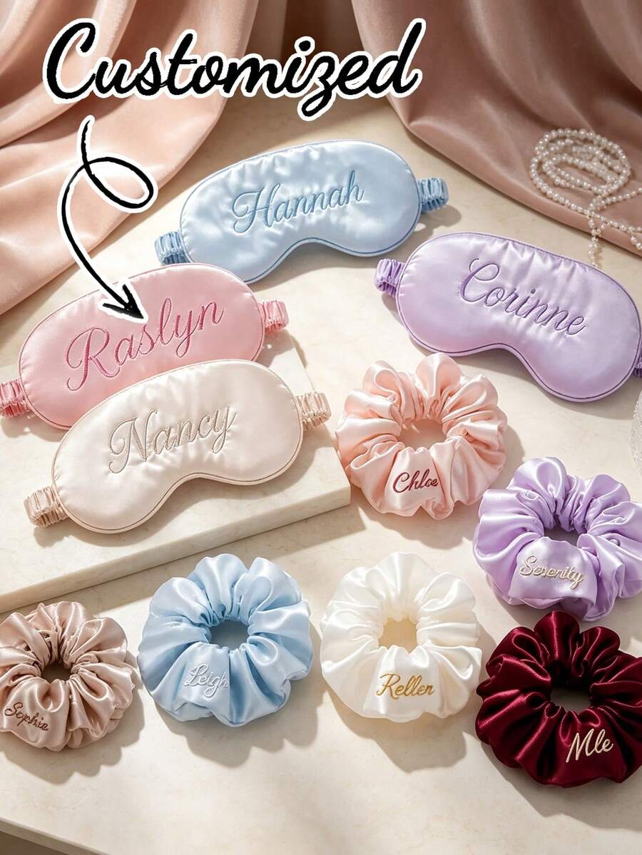 3pcs Customized Name Sleep Eye Mask Set With Storage Bag, Personalized Letter Sleep Mask, Best Bridesmaid Gift, Bridal Shower Gift, Personalized Wedding Favor, Shiny Faux Leather Eye Mask Gift Set - Multicolor - View 1