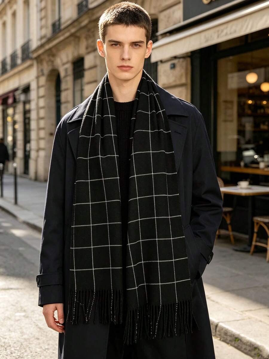 1pc Autumn/Winter New Men's Couple British Style Tassel Warm Scarf, Fashion Streetwear Soft Comfortable Shawl Suitable For Daily Use - Black - View 1