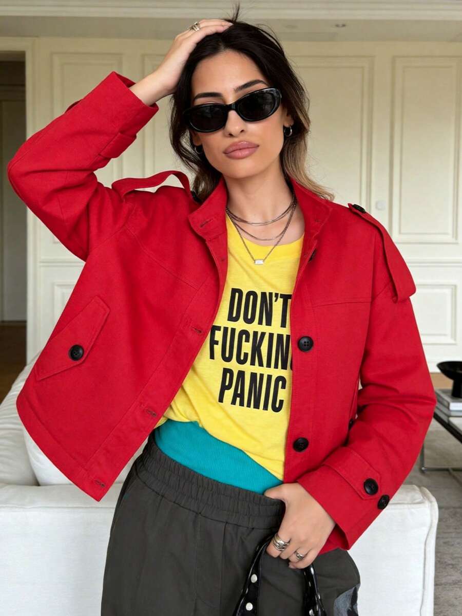 GMFP Women's Red Stand Collar Utility Short Jacket, Casual Commute Style Daily Shopping Commuting Independence Day World Cup Top - Red - View 1