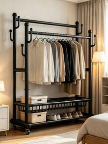 Double‑Rod Metal Garment Rack With Wheels, Thickened Clothes Drying Rack, Freestanding Movable Clothes Hanger Stand, With Double‑Tier Bottom Storage Shelves & Side Hooks, Bonus Hangers Included, For Bedroom Entryway Household Clothes Storage - Multicolor - View 2