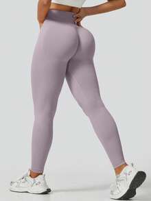 Women's Solid Light Purple Seamless Leggings, High Waist Tummy Control Booty Lift For Yoga Pilates Gym, Sportswear - Lilac Purple - View 8