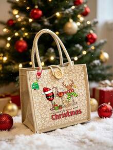 Beige Linen Tote Bag With Christmas Wine Glass & Reindeer Print, Suitable For Christmas Gifts, Travel And Daily Use - Multicolor - View 11