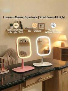1pc LED Lighted Makeup Mirror, 3 Color Modes, Smart Touch Control Desktop Vanity Mirror, 360° Rotating, With Storage Tray, Portable Travel Makeup Mirror, Rechargeable Foldable Detachable Vanity Mirror, Desktop Makeup Mirror Replacement, Women's Gift - Star - View 3