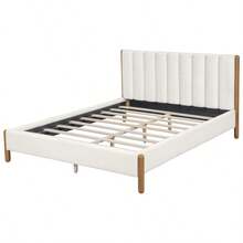 Queen Size Bed Frame With Boucle Upholstered Thick Headboard Solid Wooden Legs White - White + Boucle + Solid Wood + Upholstered + Foam1 - View 4