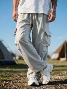 Men's Elastic Drawstring Multi-Pocket Cargo Casual Pants - Light Grey - View 4