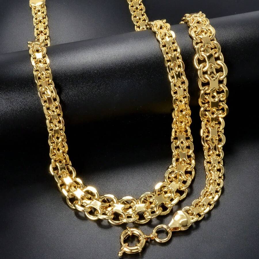 粗獷風 18K 鍍金銅嘻哈鏈條項鍊手鍊珠寶套裝 女款 - 金色2 - 查看 1
