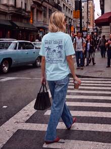 Women's New Summer Casual Round Neck Short Sleeve T-Shirt, Minimalist Versatile Palm Tree Slogan Print Graphic Tee, Suitable For Daily Wear Vacation - Baby Blue - View 10