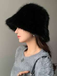 Autumn Minimalist Faux Fox Fur Bucket Hat, Thick Warm Plush Hat, Cold-Proof Versatile Ear-Flap Hat, Face-Slimming Bucket Hat - Multicolor - View 5