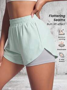 1 pieza Pantalones cortos de mujer, 2 en 1 de unicolor con forro, pantalones deportivos 2 en 1, cintura elástica conjunto de 2 piezas, adecuado para correr, deportes, yoga, fitness en verano - verde menta - Ver 1