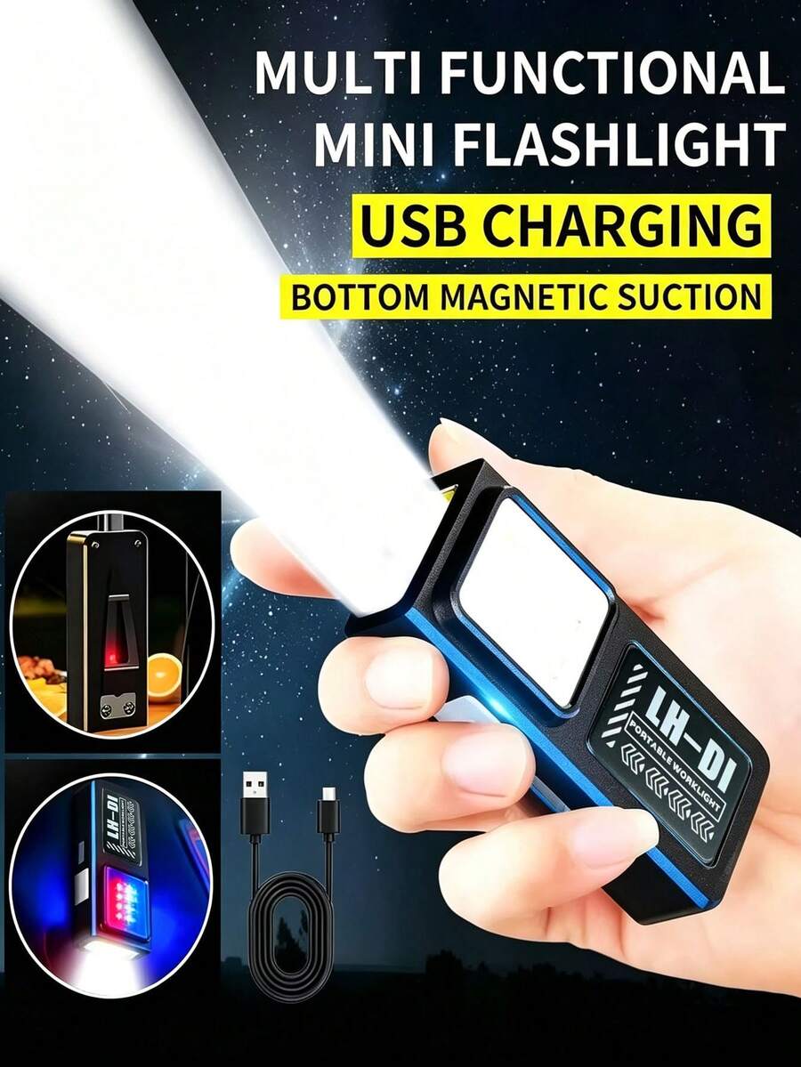 2/1pc Mini COB LED Work Light, Type‑C Rechargeable EDC Flashlight With Magnetic Back & Clip, 5 Lighting Modes Red‑Blue Warning Strobe Light For Repair, Camping - Mini Work Light Flashlight - View 1