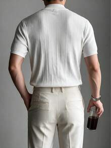 Men's White Ribbed Half-High Neck Short Sleeve Knit Pullover T-Shirt, Textured Slim Fit Casual Commuter Top For Spring, Summer, Autumn - White - View 2