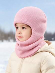 1pc Solid Color Baby Winter Knitted Balaclava Hat, Cute Double Pom Pom Design, Elastic Soft Neck Warmer, Suitable For Baby Daily Outdoor Skiing - 1PC - View 3