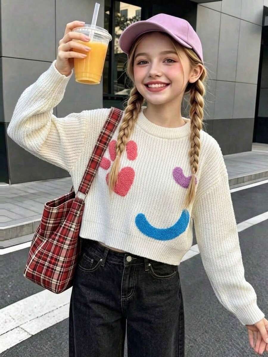 Girls' Cute Solid Color Heart Embroidered Short Sweater, Long Sleeve Knit Pullover, Suitable For Casual Daily Wear In Spring, Autumn And Winter - Apricot - View 1