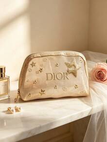 Dior Beige Cosmetic Pouch With Golden Star Embroidery And Dior Logo, Portable And Durable, Travel‑Friendly Makeup Storage Bag, For Personal Use And Gift Giving, DIOR‑GIFT‑199 - Champagne - View 2