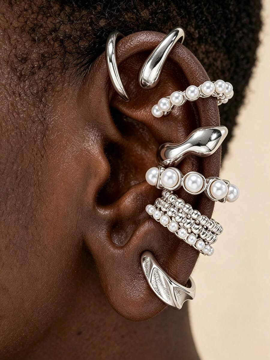 17KM 7pcs Fashion Luxury Elegant Old Money Style Faux Pearl Wide Face Asymmetrical Punk Style Women's Ear Clips, Suitable For Women's Daily Wear, Vacation, Date, Party, Gift, Wedding, Holiday, Daily Banquet, Birthday Gift, Travel Wear, Gift For Mom, Girlfriend, Friend, Daughter, Gift For Loved Ones - Silver - View 1