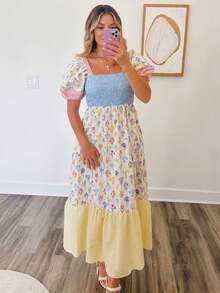 Acelitt Floral Print Pleated Square Neckline Petal Sleeves Ruffled Layered Midi Dress Vacation Elegant Summer - Multicolor - View 1