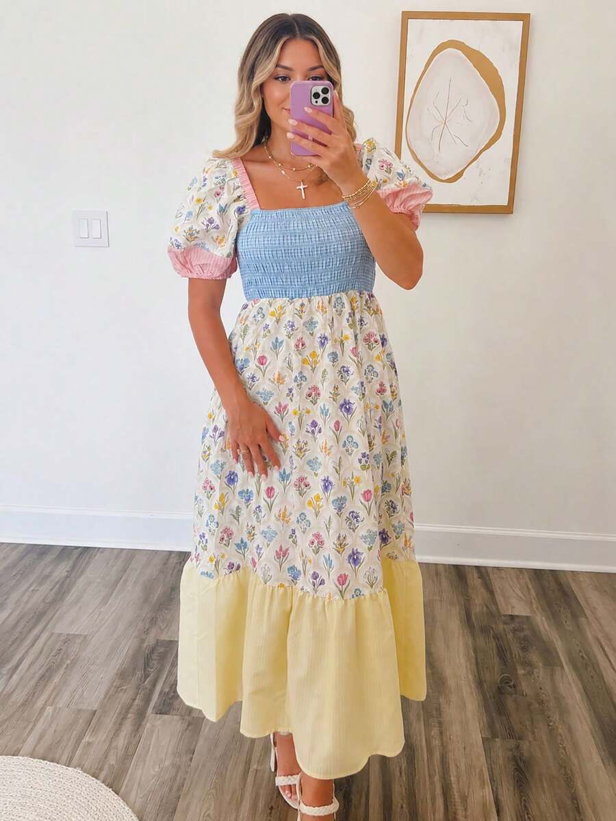 Acelitt Floral Print Pleated Square Neckline Petal Sleeves Ruffled Layered Midi Dress Vacation Elegant Summer - Multicolor - View 1