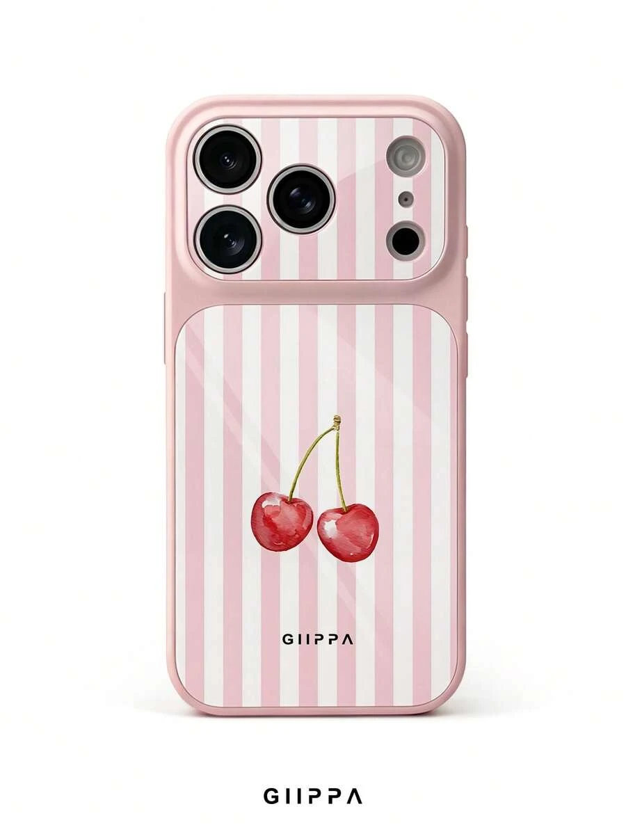 GIIPPA 1pc Pink Striped & Cherry Pattern Design Phone Case For Phone 17 Pro Max, Compatible With Phone 16 Pro Max, 15 Pro Max, 14 Pro Max, Korean-Style High-End Fashion Fun Phone Case, Suitable For 11/12/13/14/15/16 Pro Max Plus, Elegant Design For Men And Women, Perfect Gift For Girlfriend On Christmas, Valentine's Day, Easter, Wedding Season And Birthday! - Multicolor - View 1
