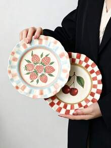 1pc French Wave Edge Fruit Ceramic Plate, Hand-Painted Plaid Plate, 8inch Plate, Steak And Pasta, Perfect For Bread, Cake, Dessert, Fruit, Salad, Mother's Day, Thanksgiving - Multicolor - View 5