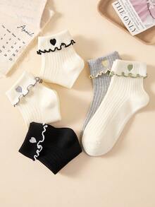 5 pares de calcetines cortos/calcetines de tobillo para mujer con lindo patrón de corazón bordado, suaves y transpirables con ribete de volantes, adecuados para todas las estaciones, colores aleatorios - Multicolor - Ver 7