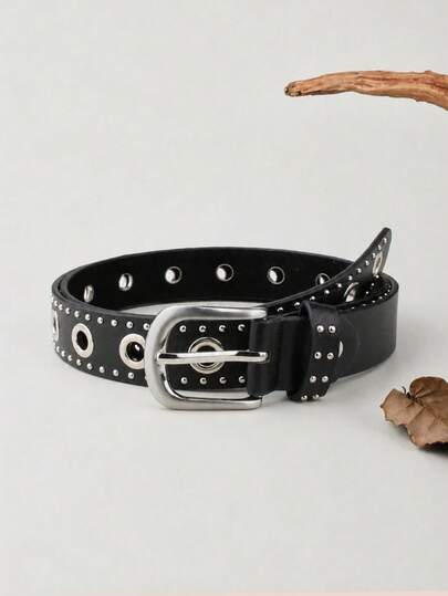 1pc European And American Women's Color Block Rivet Hollow Hip Hop Street Dance Leather Belt, Casual Unisex Black Belt