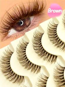 5 Pairs Fluffy Thin Brown False Eyelashes, Anime Effect Natural Makeup Look, Soft Brown Eyelash Extensions, Cartoon Eye Transparent Stem Natural Eyelashes, Reusable, Suitable For Beginners - Black - View 1