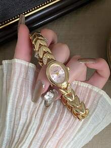 1件裝粉色錶盤混色刻度獨特金色錶帶，適合搭配金色橢圓形女款石英手錶，日常佩戴 - 金色 - 查看 3