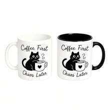 1pc 11oz Cute Black Cat Coffee Mug, "Coffee First Chaos Later" Funny Quote Ceramic Tea Cup, Reusable Daily Drinkware, Ideal Birthday, Christmas, Thanksgiving, Holiday Present For Cat Lovers, Home Office Desktop Drinking Cup - Multicolor - View 9