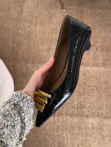 女款高級小眾尖頭蛇紋細高跟單鞋 春秋法式風格 晚宴通勤時尚奶奶鞋 - 黑色 - 查看 3