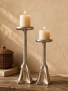 1pc Vintage Silver Candlestick, Tall & Short Combination Slim Pillar Design, Hammered Texture Tray Base Detail, Long Candle Atmosphere Decor, Suitable For Living Room, Dining Table, Bedroom, Wedding Party, Holiday Celebration Scenes - Silver Hill - View 1