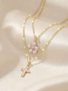 2pcs/Set Youthful Girl's Sweet Fashion Five-Leaf Flower & Cross Pendant Necklace, Suitable For Summer Beach Party, Vacation, Holiday, Date, Birthday Gift, Daily Accessory - one-size - View 8