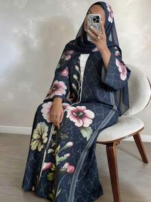 Women's Floral Print Abaya Set, Long Flare Sleeve Dress With Headscarf - Multicolor - View 6