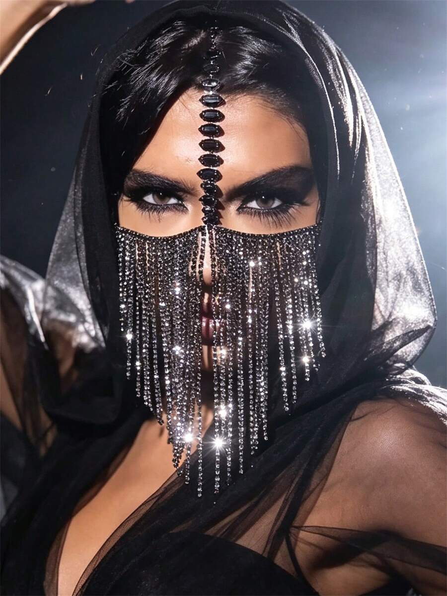 Luxury Full Rhinestone Chain Exaggerated Tassel Sparkling Face Jewelry Women's Party Mask Chain Decoration Bridal Veil - Black - View 1
