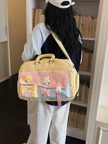 1 buah Tas Duffle Blok Warna Kawaii, Dekorasi Bintang Berbulu, Tas Perjalanan Kapasitas Besar, Tas Tangan & Tas Selempang dengan Tali yang Dapat Diatur untuk Sekolah dan Gym - MultiWarna - View 8