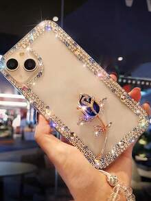 Fashion Luxury 3-Row Glass Crystal Frame Metal Rhinestone Rose With Crystal Chain Strap Phone Case, Anti-Drop Transparent Protective Shell Compatible With Iphone - Blue - View 5