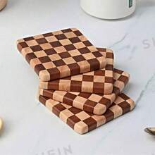 1PC/2PCS/3PCS/4PCS Solid Wood Checkerboard Coffee Cup Coasters, Creative Square Coasters Antibacterial Anti-Mold Heat-Resistant Home Tea Tray Cake Tray, Tea Cup Coaster Small Tray Suitable For Home, Office, Tea Room Use - Multicolor - View 3